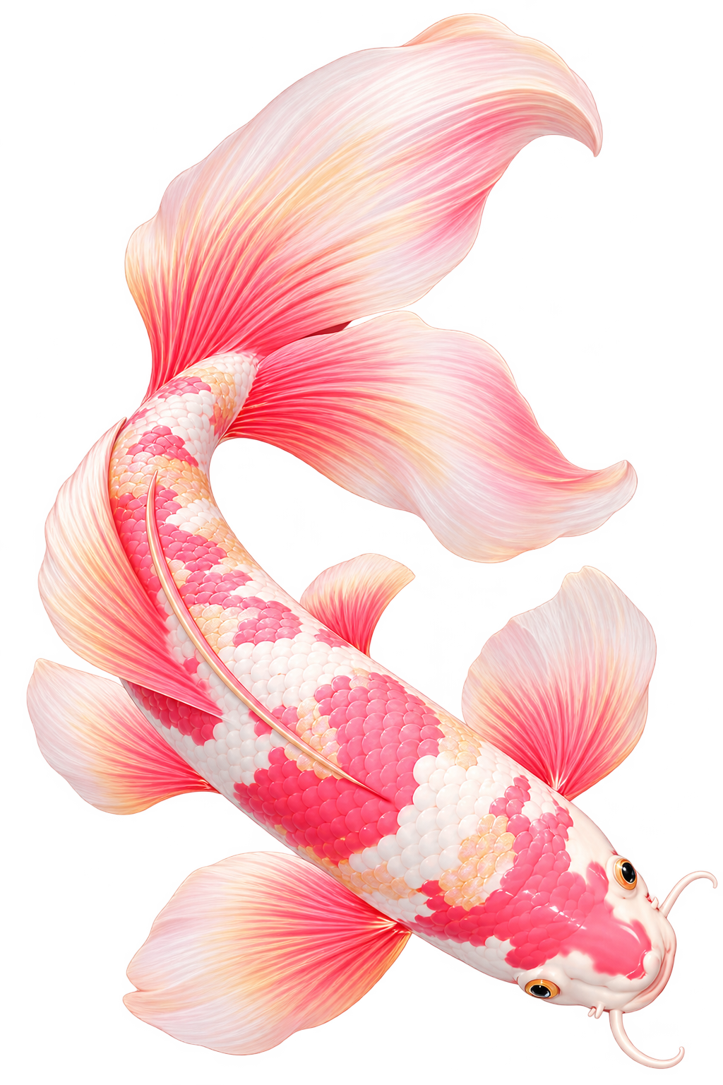 Pink and white koi with flowing fins